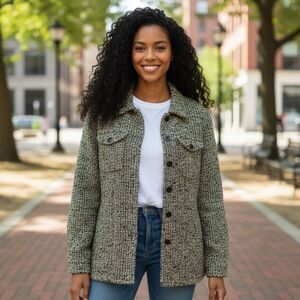 Vntg Chico's Design Jacket L Boucle Brown Wool Blend Preppy Classic French Chic